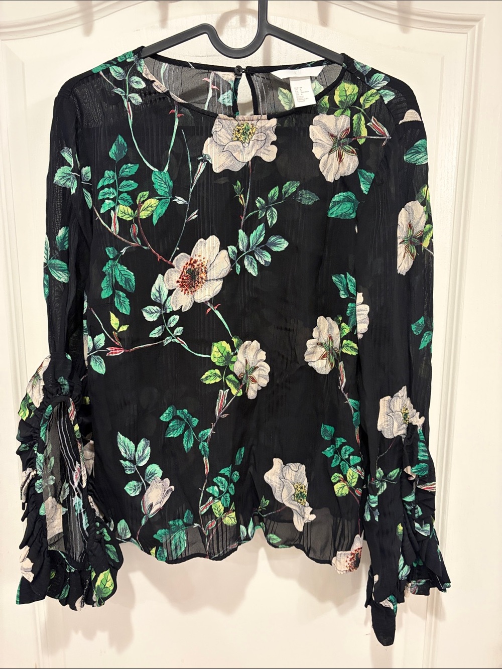 H&M Black Floral Ruffle-Sleeve Blouse